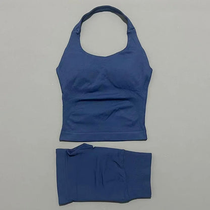 2 Piece Sports Halter Top Strappy Bra Shorts Matching Set Seamless Yoga Gym Running Fitness Shorts Suit