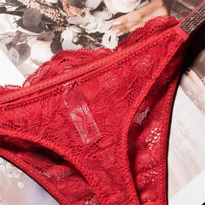 Crystal Embellished Perspective Lace Thong Breathable Underwear Women Transparent T-back Plus Size G String