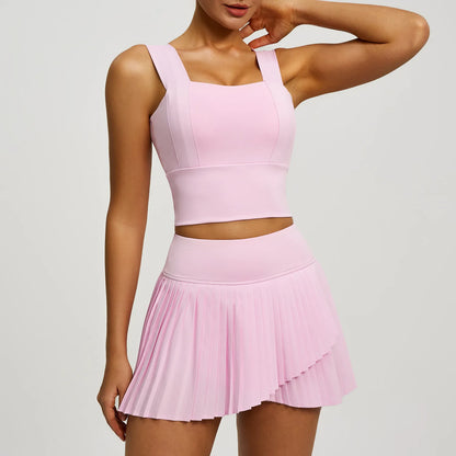 2 Piece Fitness Matching Set Women's Gym Sports Bra Sleeveless Crop Top+ Skirts Tennis Skorts Running Tracksuit Workout Sportswear