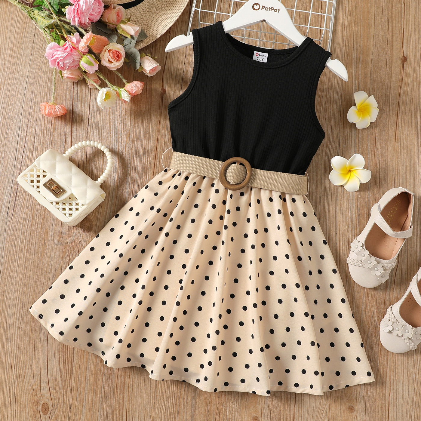 2 Piece Girl Dresses Kids Clothes Girl  Polka Dots Ribbed Girls Splice Sleeveless Dress & Belt The Clothing Company Sydney