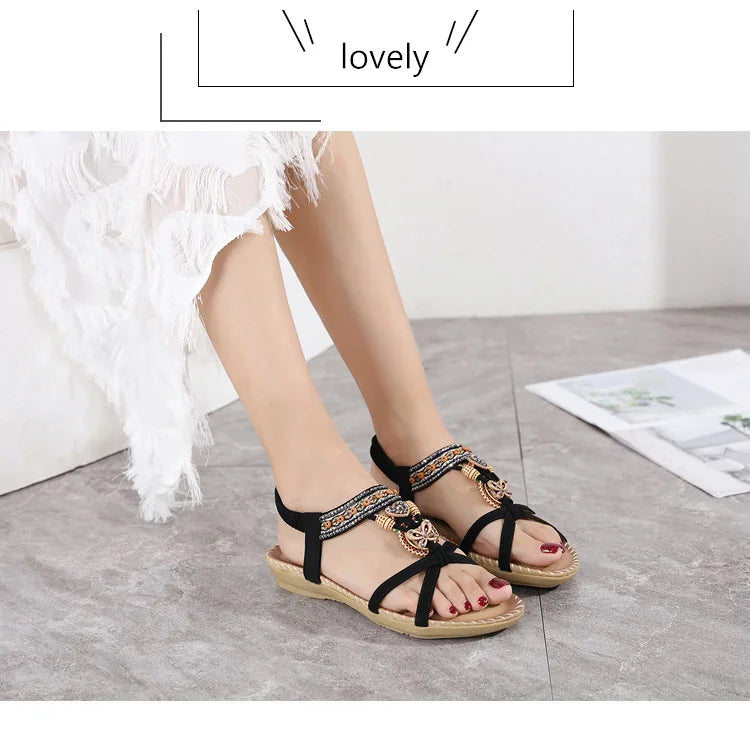 Women Fashion  Flat Flower Rhinestone Open Toe Outdoor Wear Beach Sandals