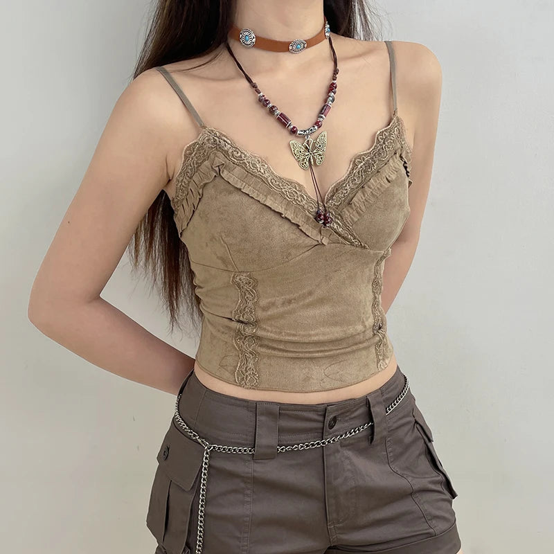 V Neck Strap Lace Trim Frill Suede Vintage Y2K Top Camisole Fashion Ruffles Party Summer Crop Top The Clothing Company Sydney