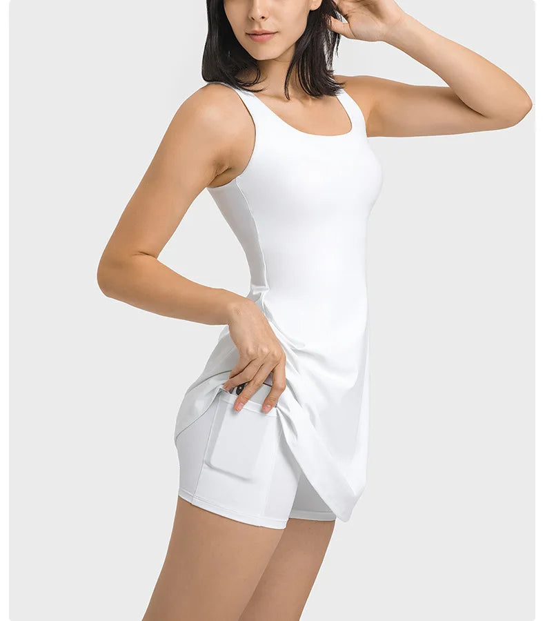 Square Neck Tennis Golf Dress Skirt Sleeveless Exercise Sport Dresses with Built In Shorts Pocket The Clothing Company Sydney