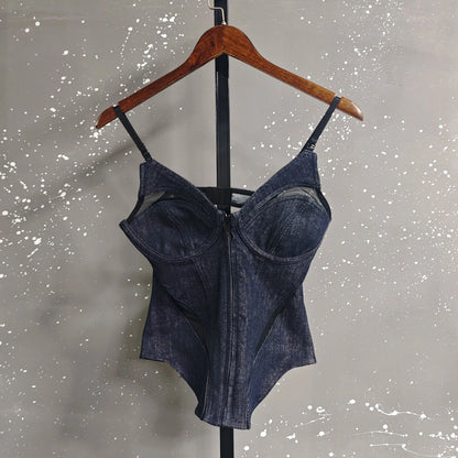 Trendy Patchwork Mesh Denim Camisole Vest For Women Outwear Backless Tank Top