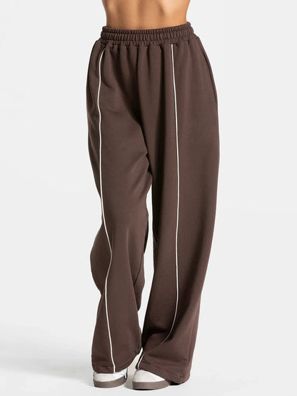 Women's Contrast line Wide Leg Joggers Running Trouser Cotton Mid Waist Casual Loose Sports Yoga Pants With Back Pocket Gymwear The Clothing Company Sydney