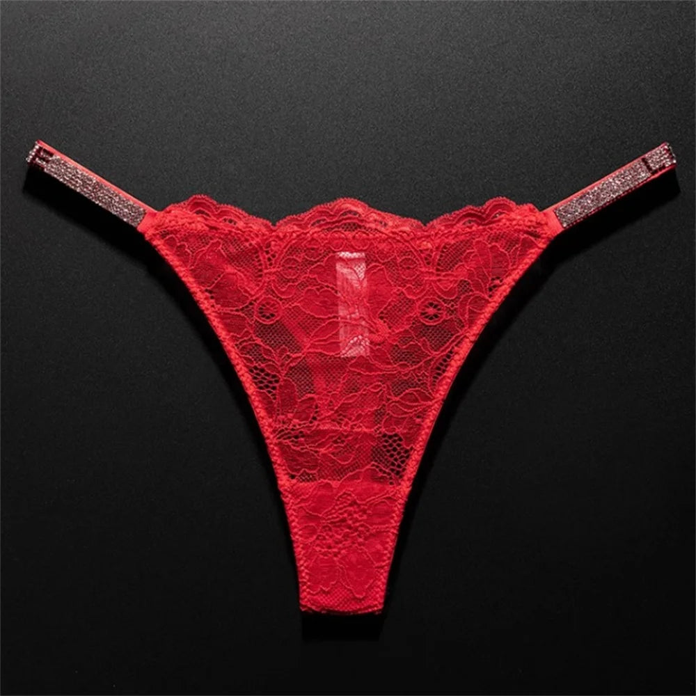 Crystal Embellished Perspective Lace Thong Breathable Underwear Women Transparent T-back Plus Size G String