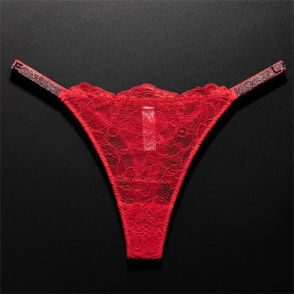 Crystal Embellished Perspective Lace Thong Breathable Underwear Women Transparent T-back Plus Size G String