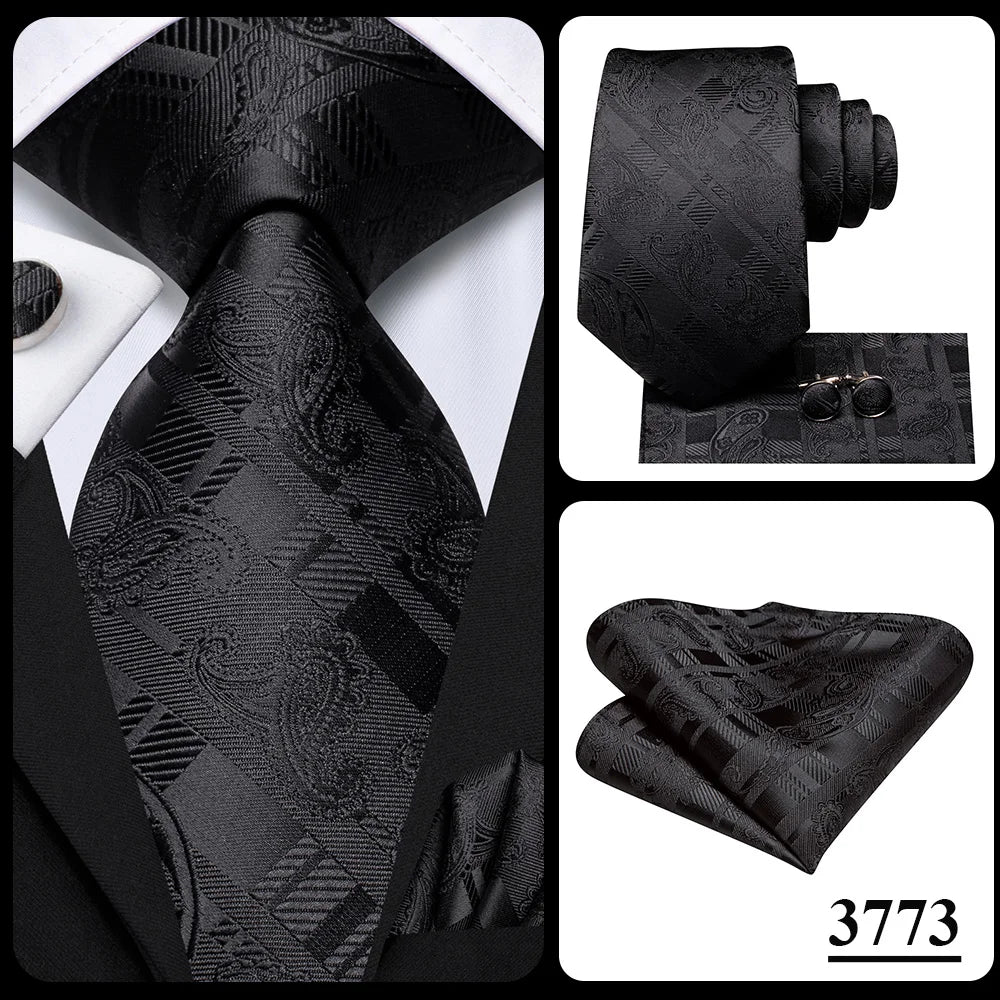 3 Piece Black Floral Silk Wedding Tie For Men Handky Cufflink Elegant Necktie Set For Men