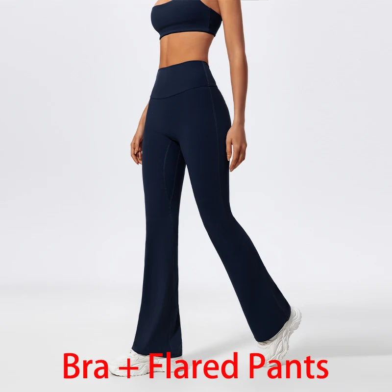 Women Two Piece Gym Workout Bra Yoga Set Shorts Fitness Wear Quick-Dry Sports Bra Flared Pants Suits