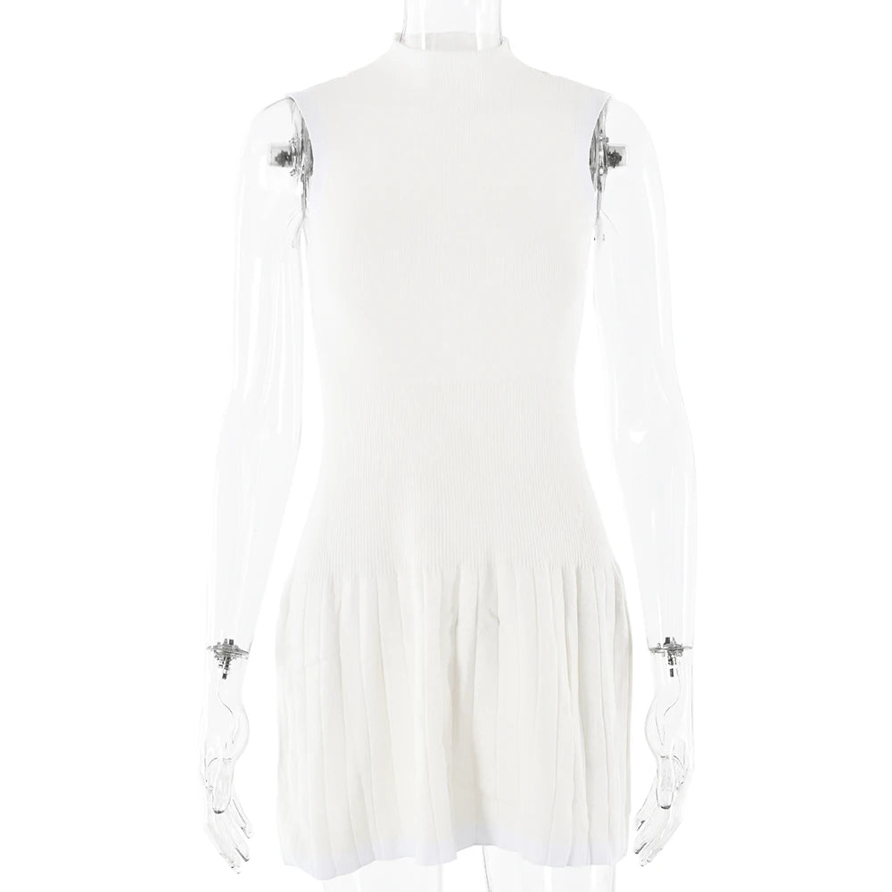 Knitted Round Neck Pleated Women's White Sleeveless High Waist Summer Casual Sporty Dress The Clothing Company Sydney