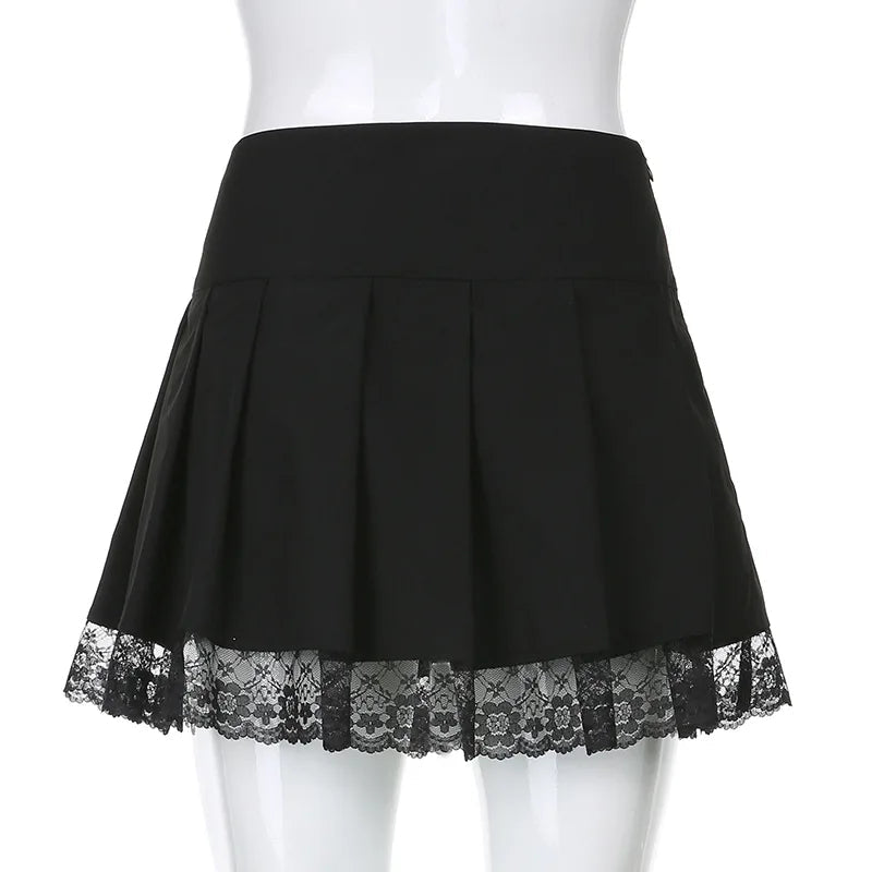 Retro Pleated Skirt Lace Up High Waist Plaid Mesh Stitching Hem Y2K Aesthetic Gothic Black Mini Skirt The Clothing Company Sydney