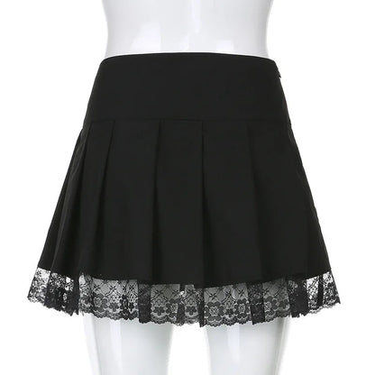 Retro Pleated Skirt Lace Up High Waist Plaid Mesh Stitching Hem Y2K Aesthetic Gothic Black Mini Skirt The Clothing Company Sydney