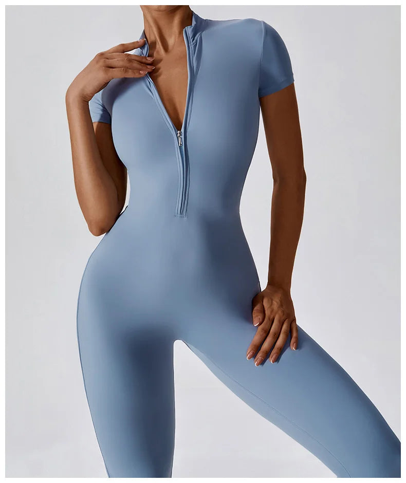 Yoga Jumpsuit Women Zipper Short Sleeve one piece Gym suit Fitness Set Workout Romper Elastic Sportswear