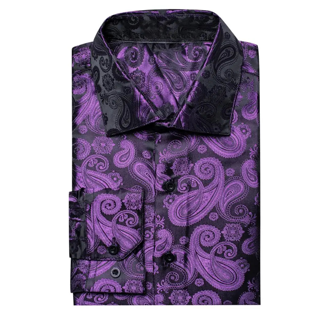 Lilac Mauve Lavender Purple Silk Mens Shirts Luxury Lapel Long Sleeve Dress Shirt