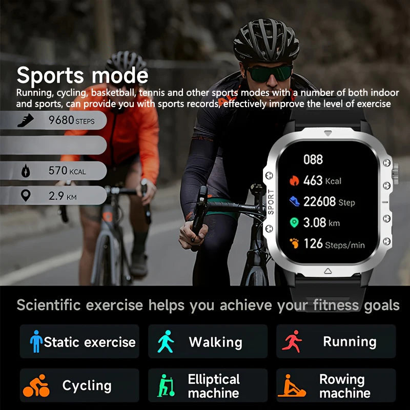 Men's LED smart watch by The Clothing Company Sydney with Bluetooth, voice control, multi-sport modes, and health monitoring features.