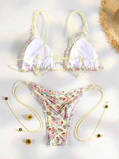 2 Piece Triangle Micro Thongs Swimsuit Bathing Suit Bandage Beachwear Print Swimwear Thong Bikini Set