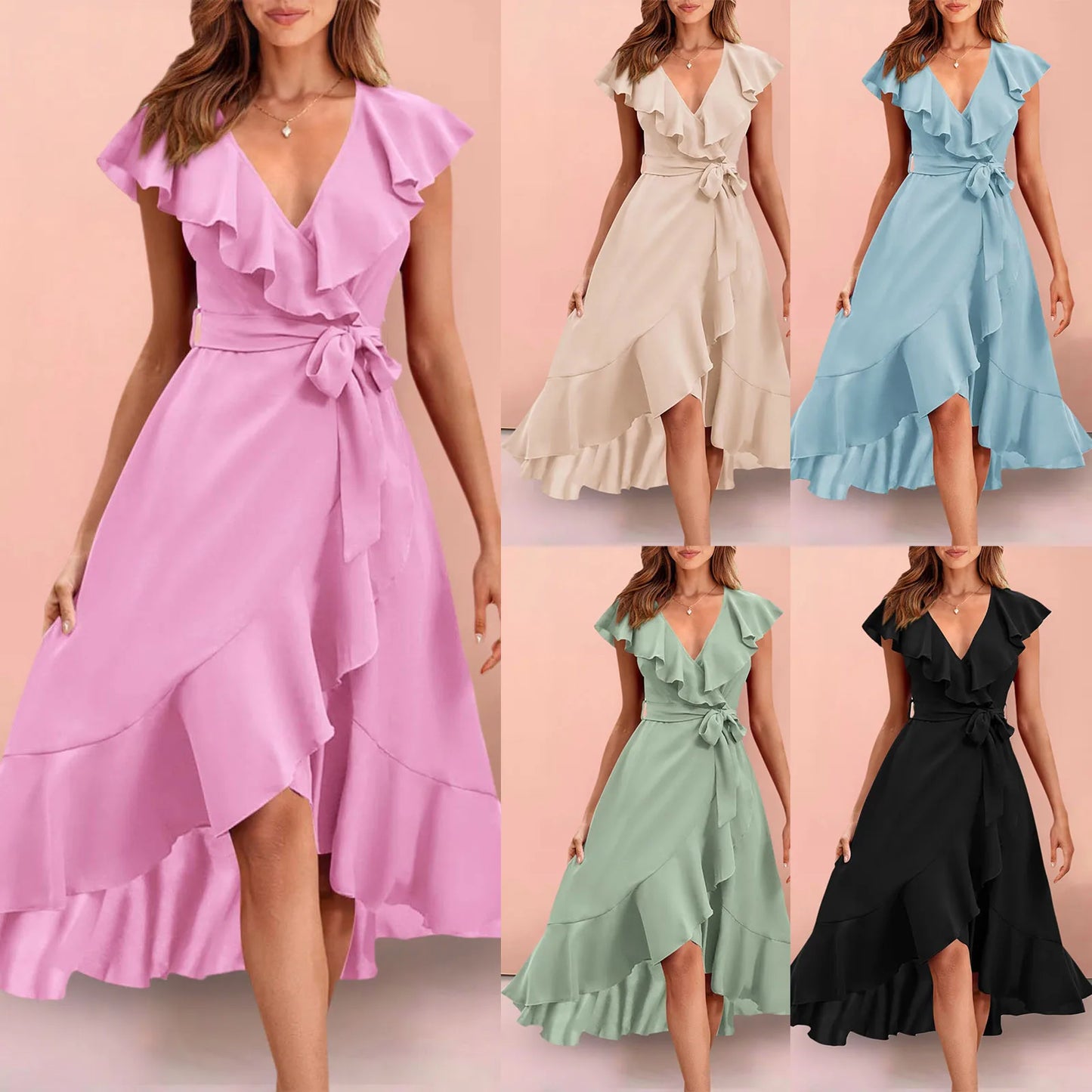 Women's Boho Dress Ruffled Deep V Neck Irregular Long Dress Belted Short Sleeve Wrapped Double Layer Casual Beach Sundress The Clothing Company Sydney