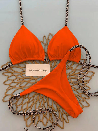 Halter Bikini Set Lace-Up Low Waist Two Piece Triangle Thong Swimwear Leopard Tie On Side Brazilian Micro Bikini Set