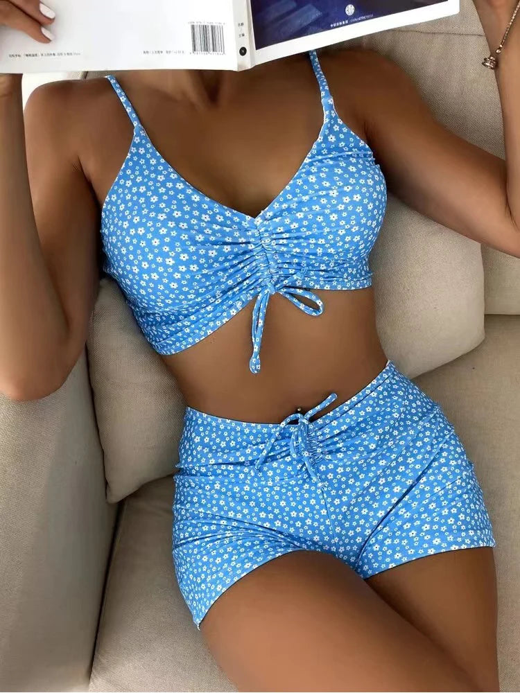 2 Piece High Waist Bikini Swimsuit Women Push Up Bikini Floral Swimsuit Print Swimwear Swim Trunks Bathing Suit