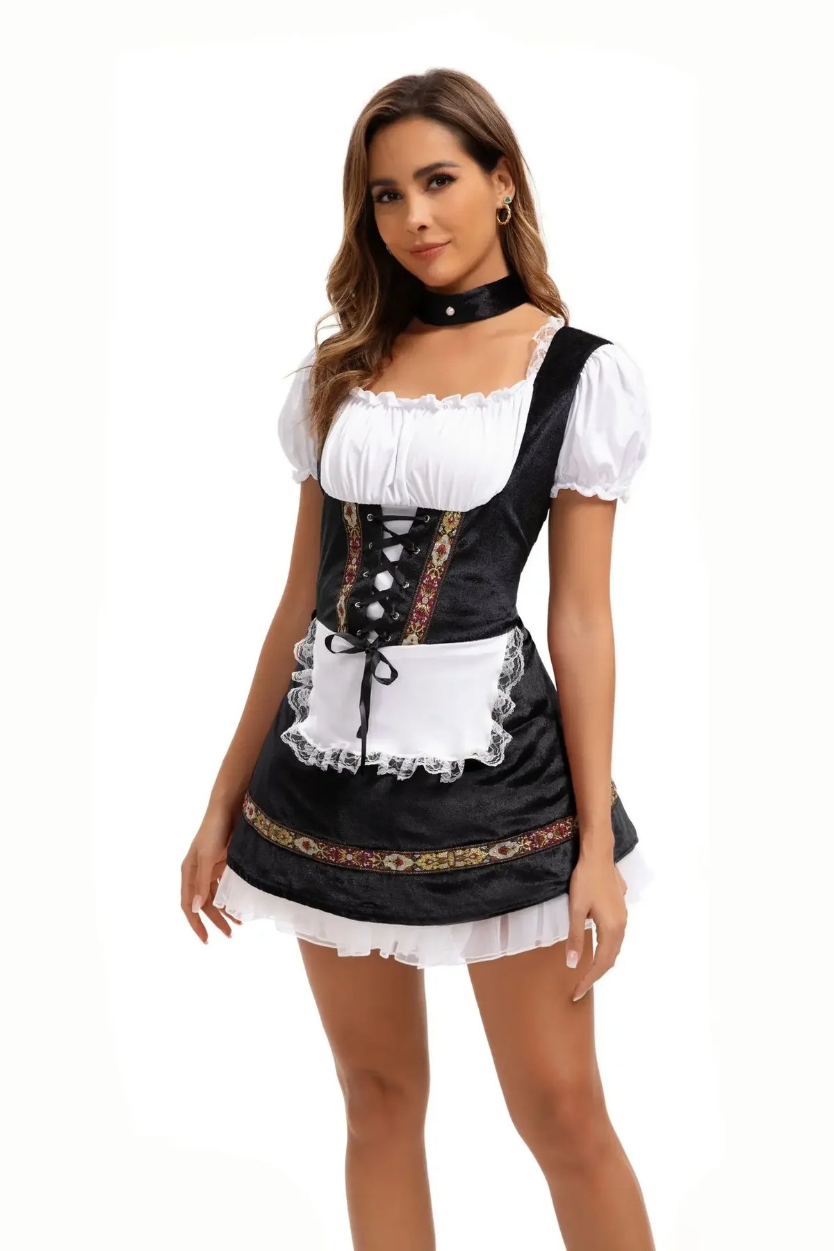 Women's Elegant Ruffled Lace Up Maid Cosplay Costume Oktoberfest Bavarian Dirndl Vintage Festival Dress