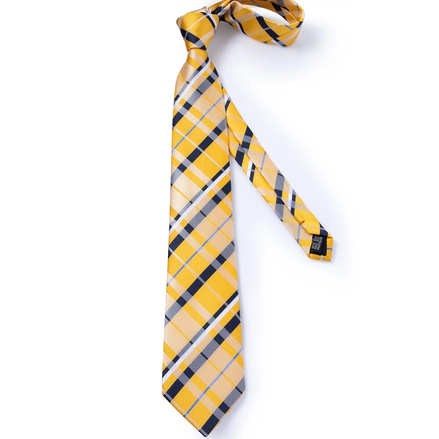 Yellow Striped Plaid Silk Ties For Men Handkerchief Cufflinks Brooch Pin Wedding Accessories Gift Set