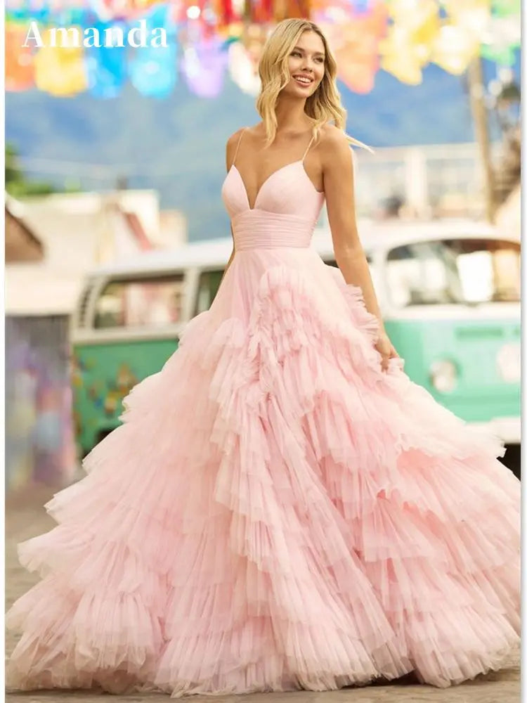 Baby Pink Multilayer Prom Dress Princess Evening Tulle Sweep Train Party Dresses Sleeveless Dress The Clothing Company Sydney