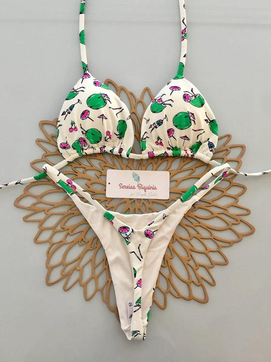 Backless 2-piece lace-up Brazilian swimsuit with printed micro bikini top and thong bottom, by The Clothing Company Sydney.