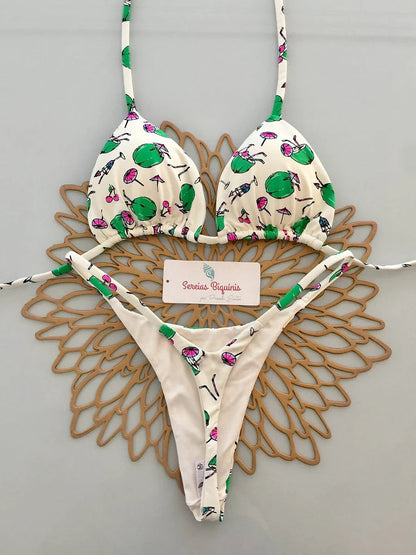 Backless 2-piece lace-up Brazilian swimsuit with printed micro bikini top and thong bottom, by The Clothing Company Sydney.