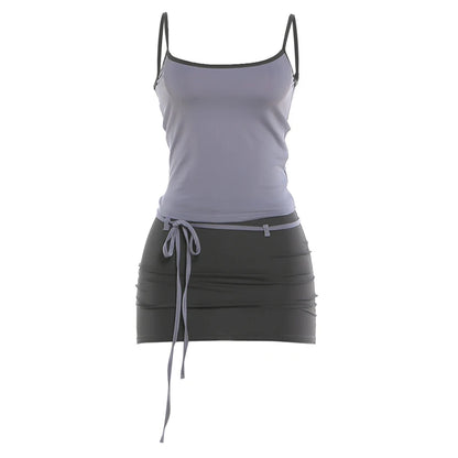 2 Piece Y2K Matching Set Womens Low-Neck Backless Camisole Top+Bandage Tassel Mini Skirt