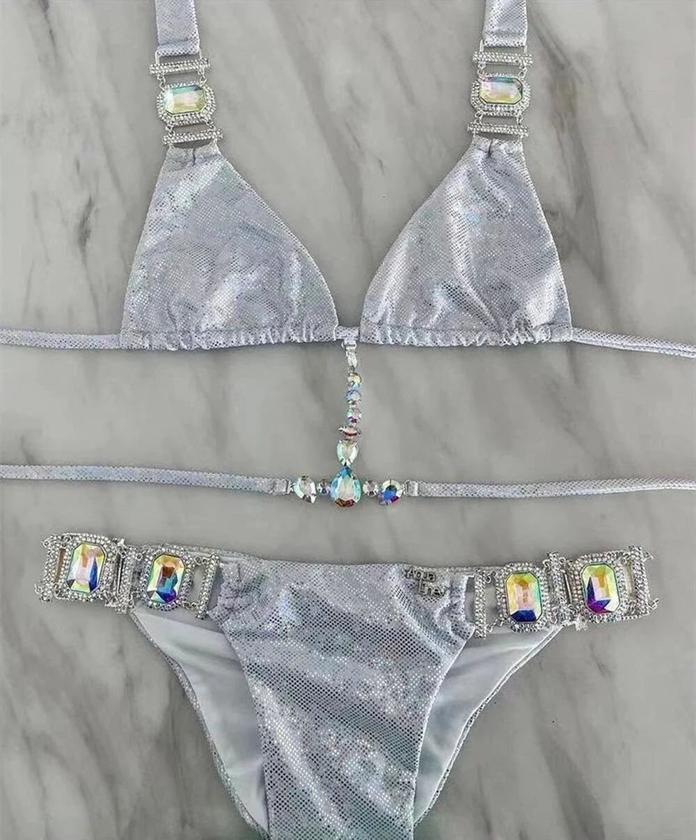 Rhinestone Two 2 Piece Swimsuit Crystal Thong String Bikini Set Women Swimwear Beach Wear Bathing Suit