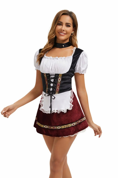 Women's Elegant Ruffled Lace Up Maid Cosplay Costume Oktoberfest Bavarian Dirndl Vintage Festival Dress