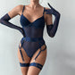 Tight Fitting Lace Bodysuit With Gloves Garter Night Club Outfit Mesh Top Lingerie Set