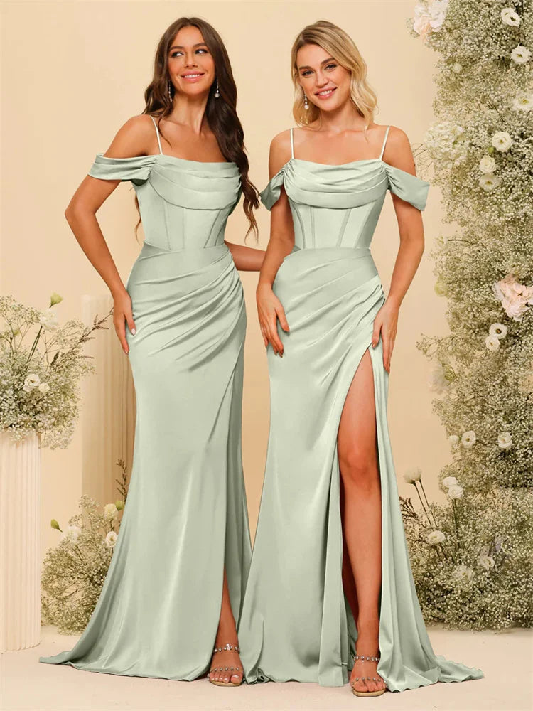 Off-the-Shoulder Spaghetti Straps Silk Satin Sheath Bridesmaid Dress Elegant Zipper Back Gowns For Wedding Guests