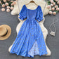 Women's Fashion Romantic Floral Print Split Long Summer Dress Puff Sleeve Party Dress