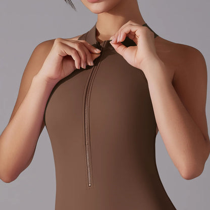Hollow Backless Scrunch Sporty Jumpsuit Woman Gym Set One Piece Sport Suit Sleeveless Zip Yoga Fitness Overalls