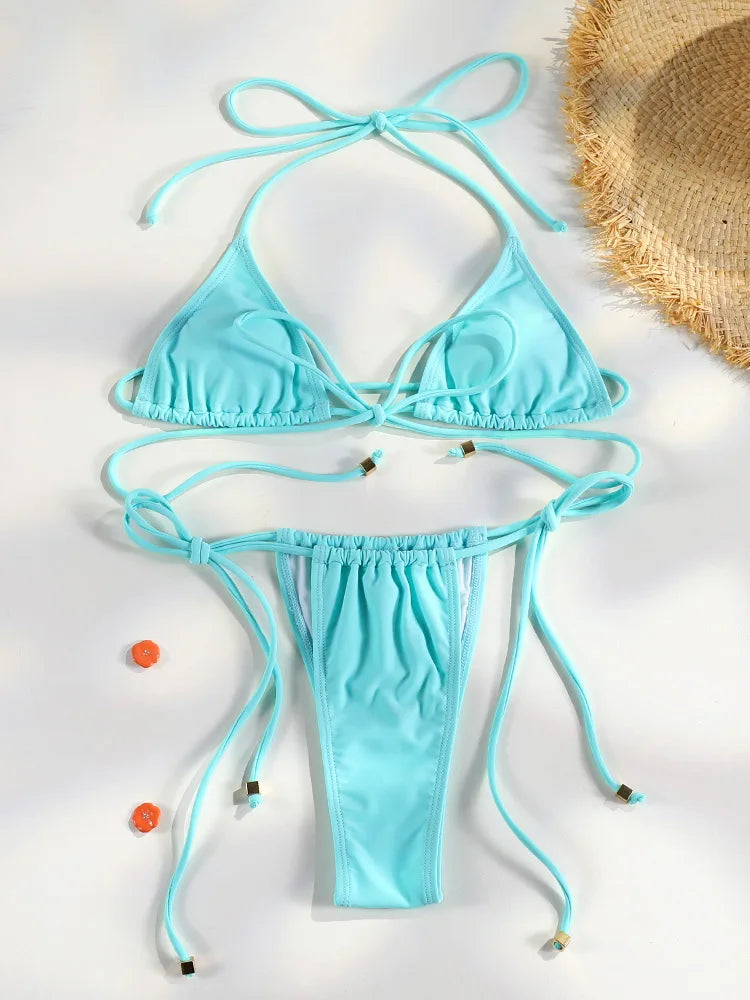 2 Piece Triangle Micro Thongs Swimsuit Bathing Suit Bandage Beachwear Print Swimwear Thong Bikini Set