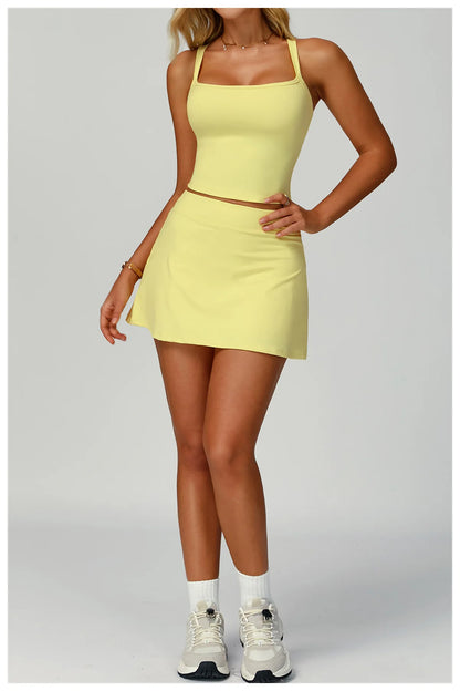 Women's Yoga Matching Set 2 Piece Sport Bra High Waist Sports Short Skirt Gym Fitness Sleeveless Workout Suit Sportswear