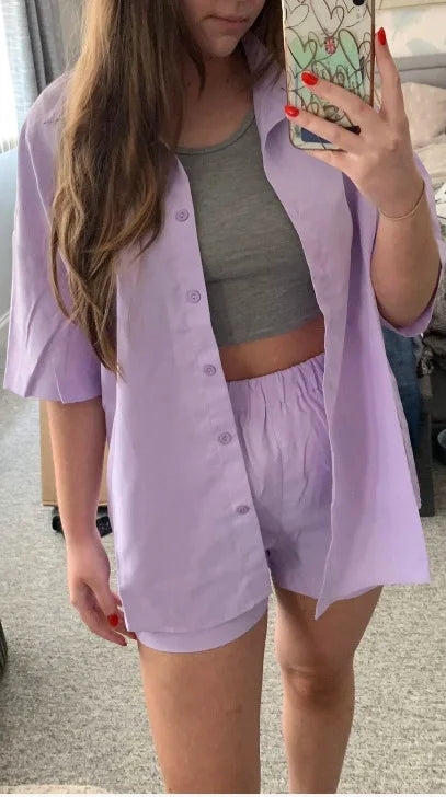 Long Sleeve Single breasted Top Broad legged Shorts Set Fashion Ladies Solid Suits Summer 2 Piece Matching Outfits For Women The Clothing Company Sydney