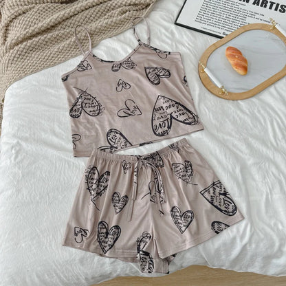 Womens Pajama Ladies Satin Pyjama Print Round Neck Ice Silk Top T-Shirt and Shorts Sets