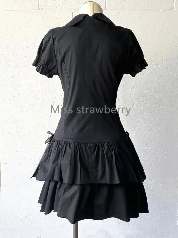 Summer Chic Vintage Black Short Sleeve Halloween High Street Y2k Patchwork Slim Lapel Gothic Dress The Clothing Company Sydney