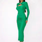 Hollow Out Long Sleeve Maxi Dress Gown Autumn Winter New Metal Buckle Ruched Slit Long Elegant Dress