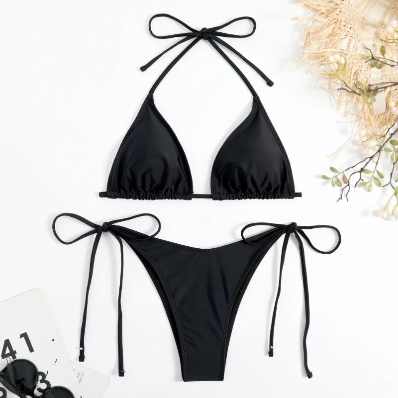 Women's Thong Solid Color Bikini Set Side Halter Tie Swimsuit Ladies Split Strap Adjustable Brazilian Swimwear Beachwear The Clothing Company Sydney