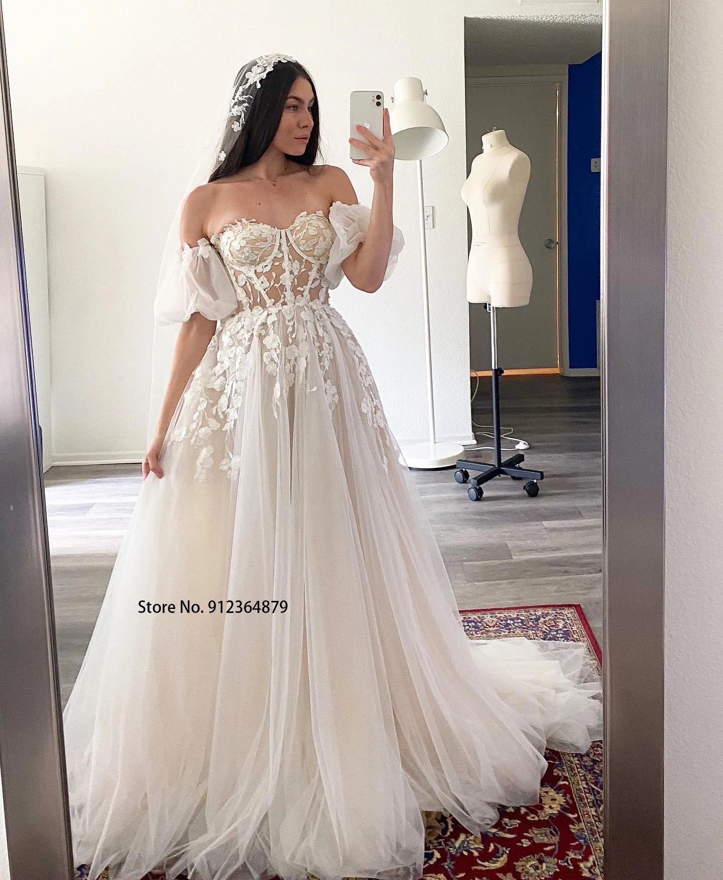 Short Puff Sleeves 3D lace Wedding Dresses Champagne Liner Tulle Appliques Formal Bridal Gowns The Clothing Company Sydney