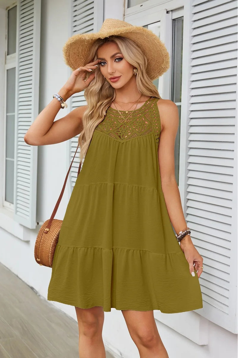 Hollow Lace Patchwork Halter Neck Women A Line Dress Summer Casual Solid Color Loose Beach Holiday Sundress The Clothing Company Sydney