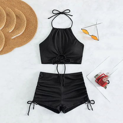 Brown Ribbed Swimwear Shorts Swimsuits Women Halter Bikinis Set String Drawstring Bathing Suit Beachwear The Clothing Company Sydney