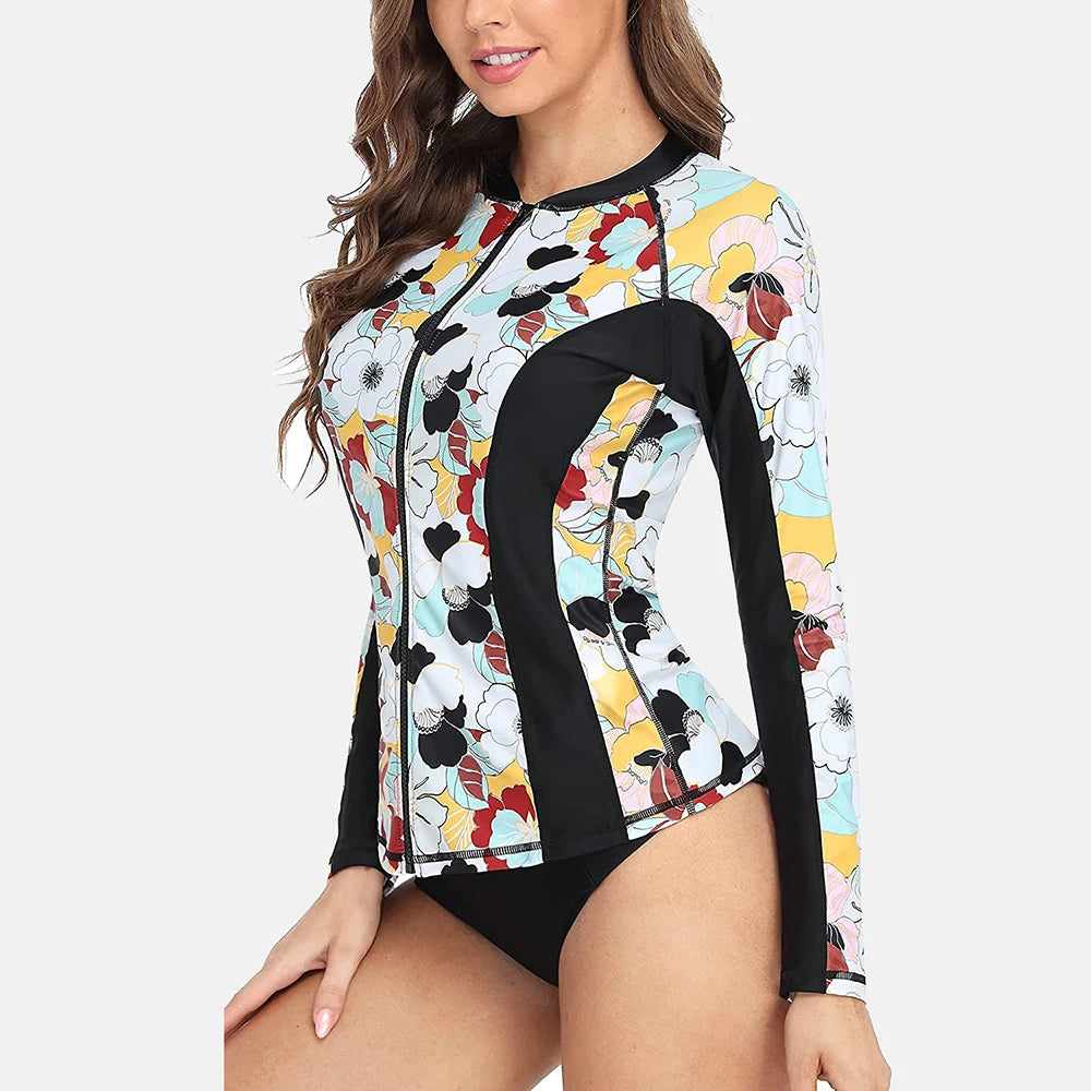 Women Long Sleeve Zipper Rashguard Top Floral Print Rush guard Swimwear Surfing UPF50+ Swimwsuit The Clothing Company Sydney