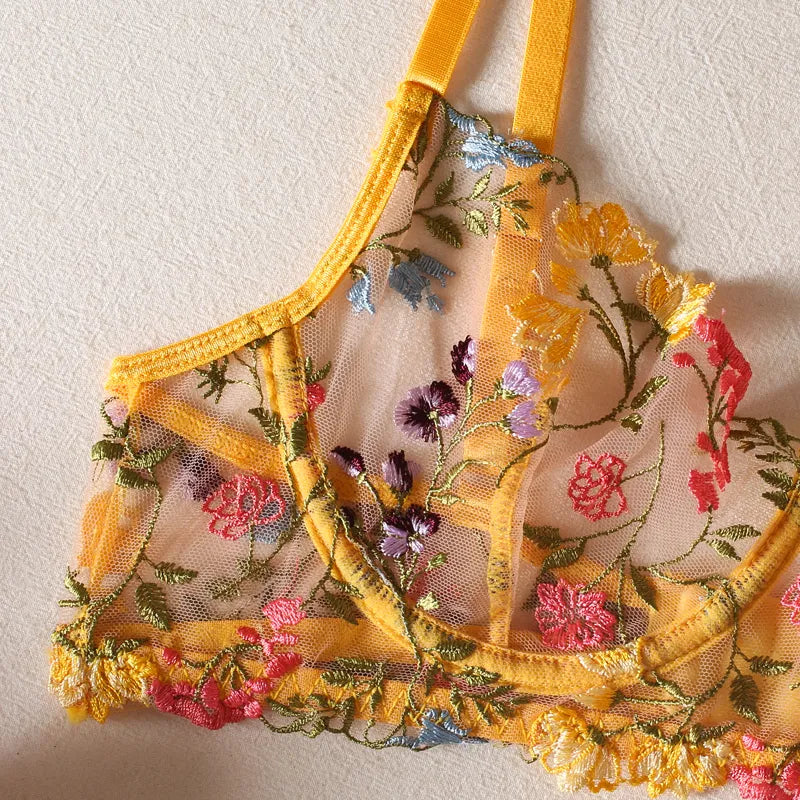 Ellolace Lingerie Fairly Lace Transparent Underwear Set Girl Floral  Embroidery Fancy Clear Bra Set Women 2 Piece Color Yellow Cup Size S