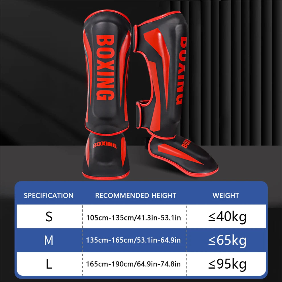 Muay Thai shin guards with foot and back protection for boxing, fighting, and Taekwondo training