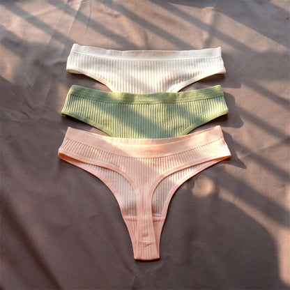 3 Pack Seamless Ribbed Cotton Thong Low Waist Bikini Briefs Sports Underwear Plus Size