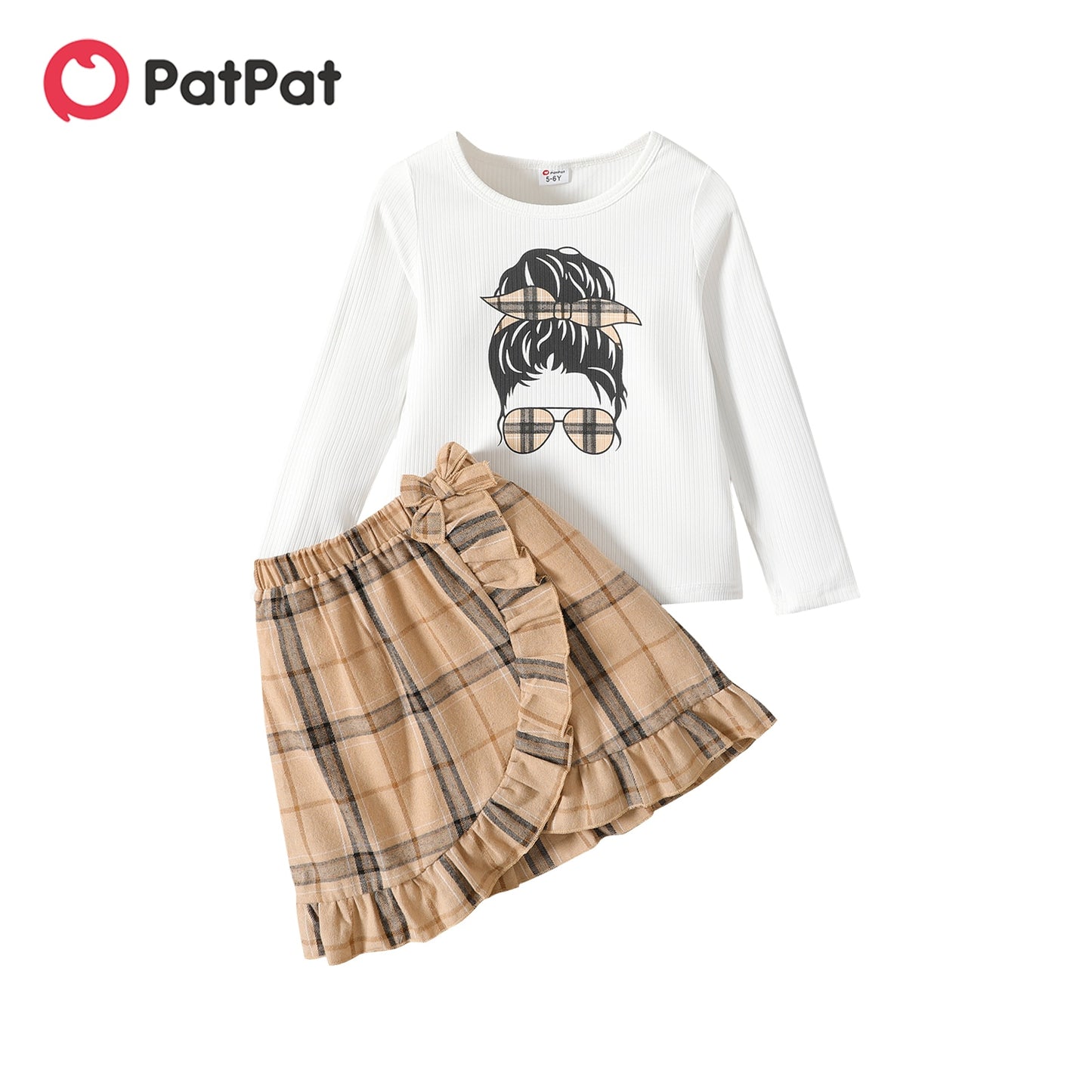 2 Piece Kids Girls Figure Print Long-sleeve Tee and Plaid Ruffled Wrap Skirt Set The Clothing Company Sydney